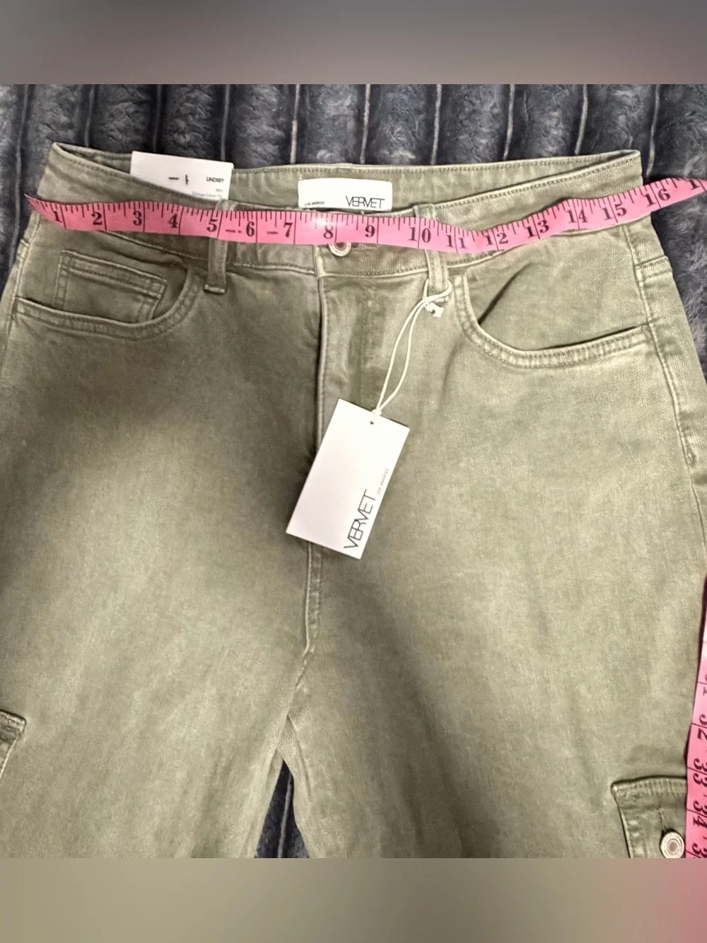 VERVET High-Rise Wide Leg Cargo Jeans in Olive Green - Picture 9 of 11